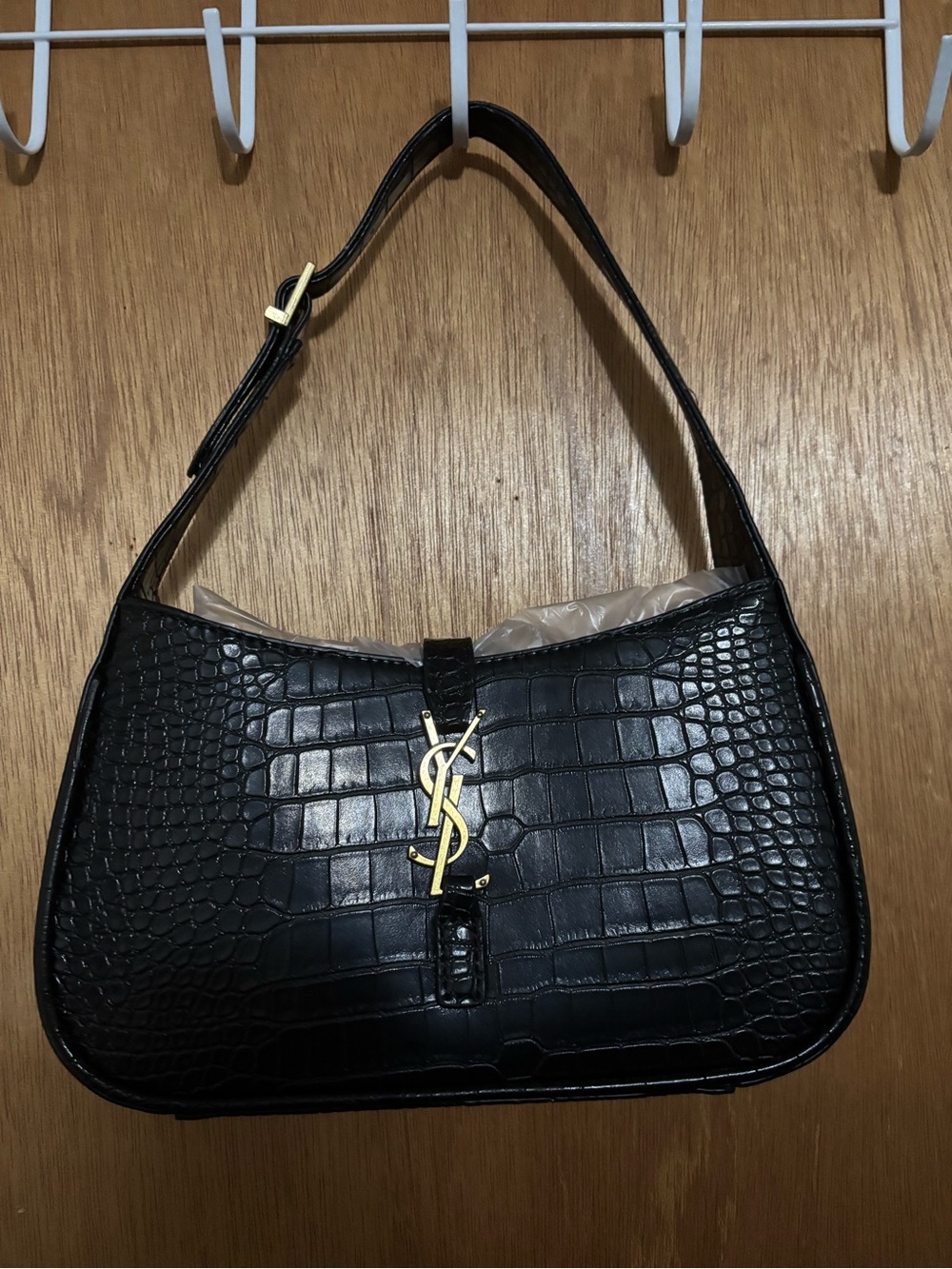 Black Croc-Embossed Shoulder Bag with Gold Monogram Accent